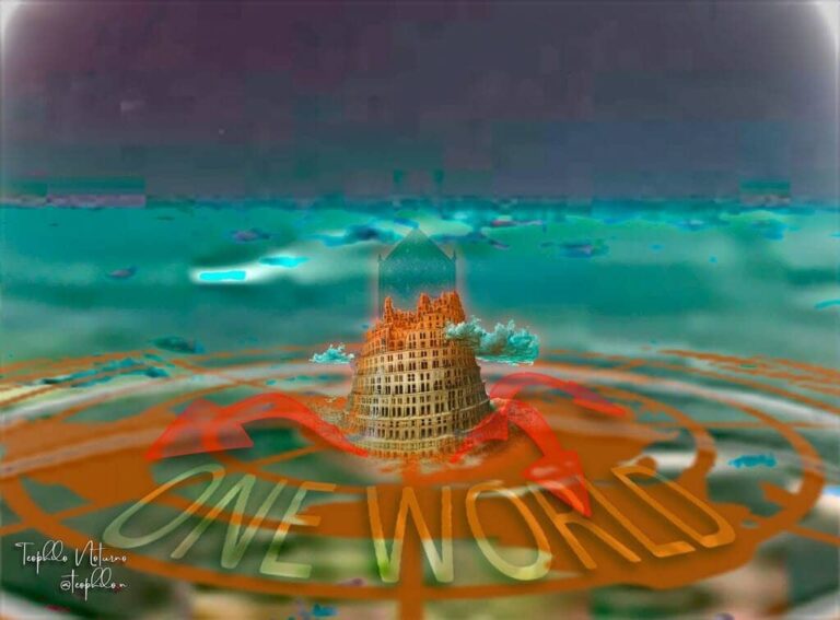 Ilustración de la Torre de Babel centrada sobre el símbolo de la ONU (Un Mundo), con flechas rojas dispersándose y el trono de Satanás en transparencia en el fondo, simbolizando el gobierno de los espíritus caídos.