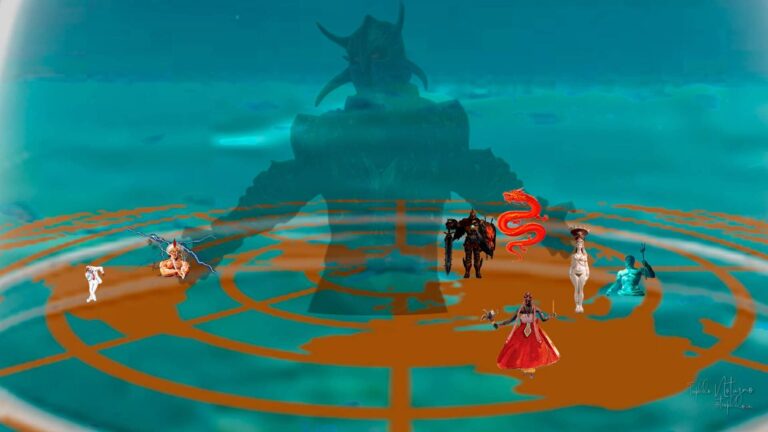 Un mapa del mundo con el logotipo de One World superpuesto a varias deidades paganas y un espíritu oscuro gigante en el fondo, que representa la división de poderes después de la caída de Babel.