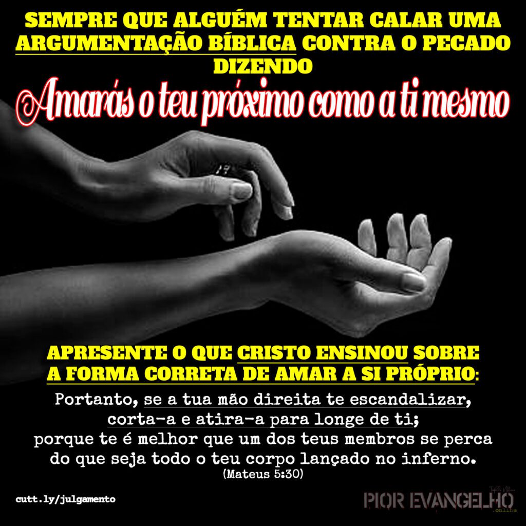 Image with a black background showing hands in shades of gray with superimposed text quoting Matthew 5:30 about cutting off the right hand that causes offense.