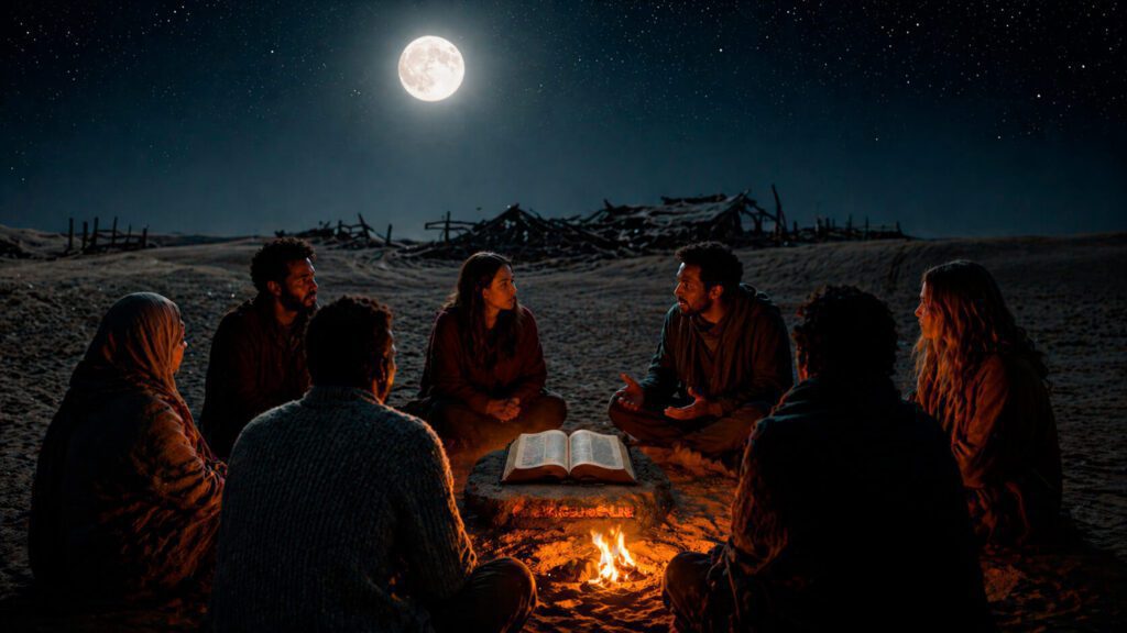 Fotografia detalhada de sete pessoas de etnias diversas em um círculo no deserto à noite, sob uma lua cheia brilhante. Elas cercam uma fogueira e uma Bíblia aberta sobre uma base de pedra com o texto 'PIOR EVANGELHO ONLINE'. Ao fundo, destroços de madeira simbolizam o colapso das Igrejas institucionais, enquanto o grupo manifesta a esperança inesperada e a resiliência do Corpo de Cristo.