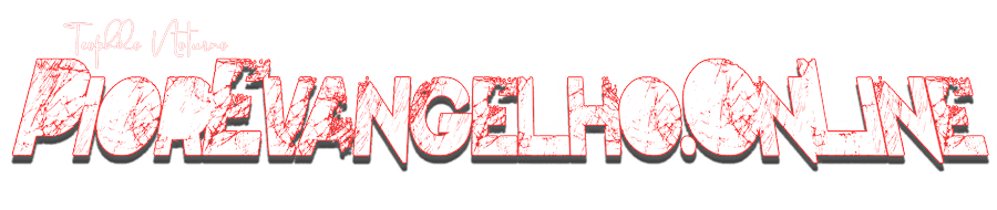 Logotipo del sitio web Pior Evangelho Online, con letras blancas rajadas en rojo simbolizando confrontación, crítica y reflexión sobre el Evangelio tradicional, firmado por Teóphilo Noturno.