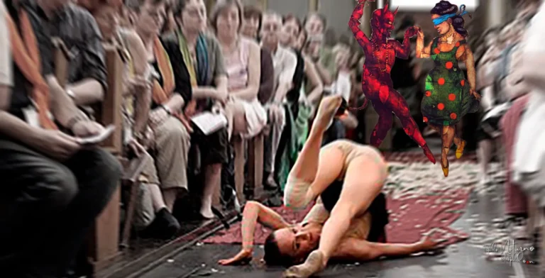 Prophetic worship: a dance performance in a religious setting, observed by worshippers, with symbolic elements that suggest spiritual conflict and loss of discernment.