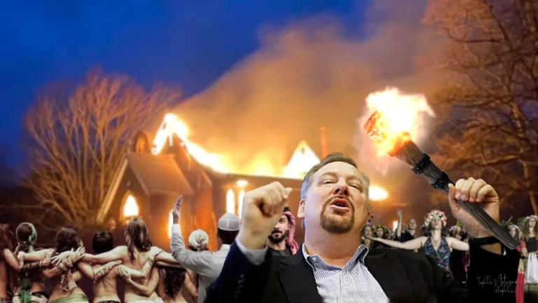 A satirical montage of Rick Warren holding a torch in front of a burning church, symbolizing the apostasy and pragmatism of the Purpose Driven Church.