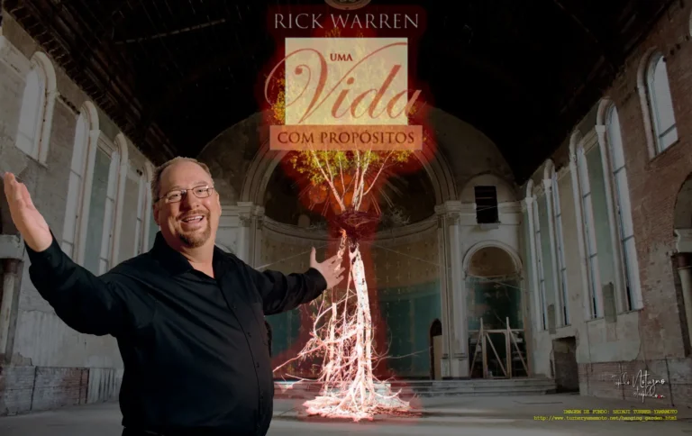 Rick Warren smiles with open arms before a glowing tree bearing the title "The Purpose Driven Life" in a ruined church.