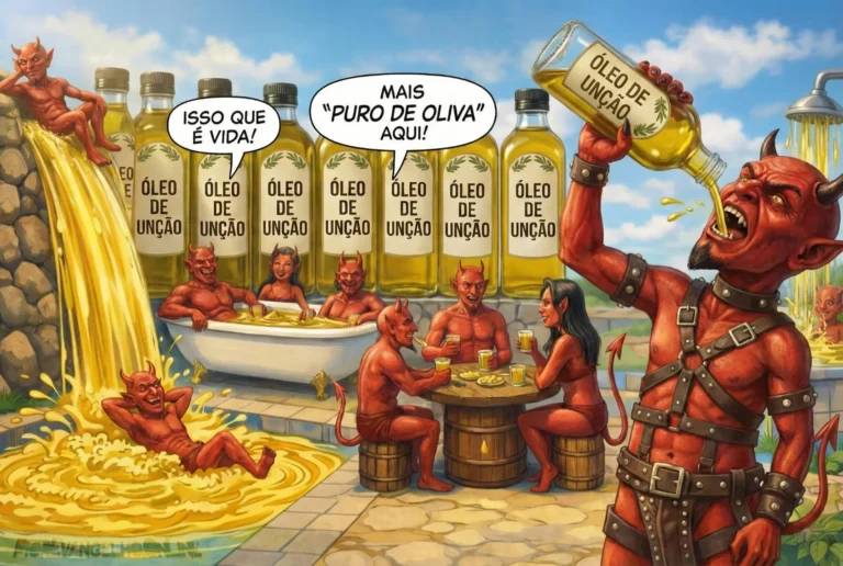 Una ilustración satírica de demonios celebrando con botellas de aceite de unción en un estanque de aceite de oliva.
