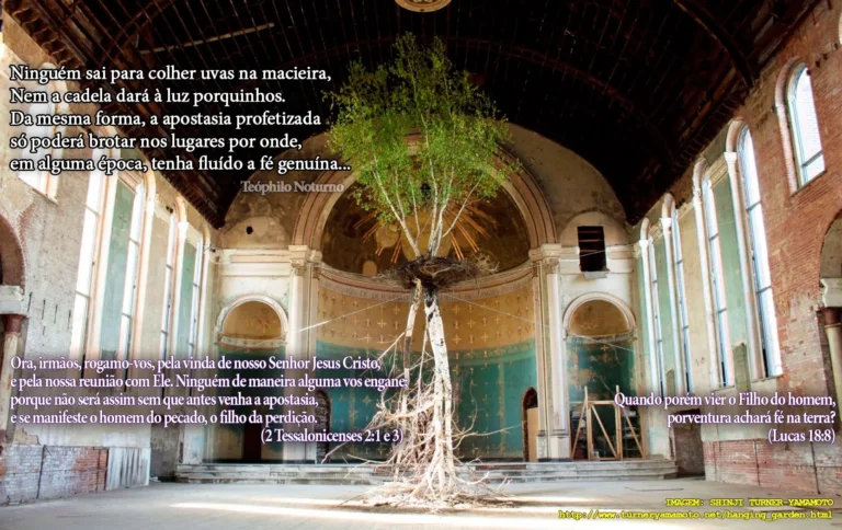Un árbol suspendido en el centro de una catedral en ruinas con citas bíblicas sobre la gran apostasía y el hombre de pecado.