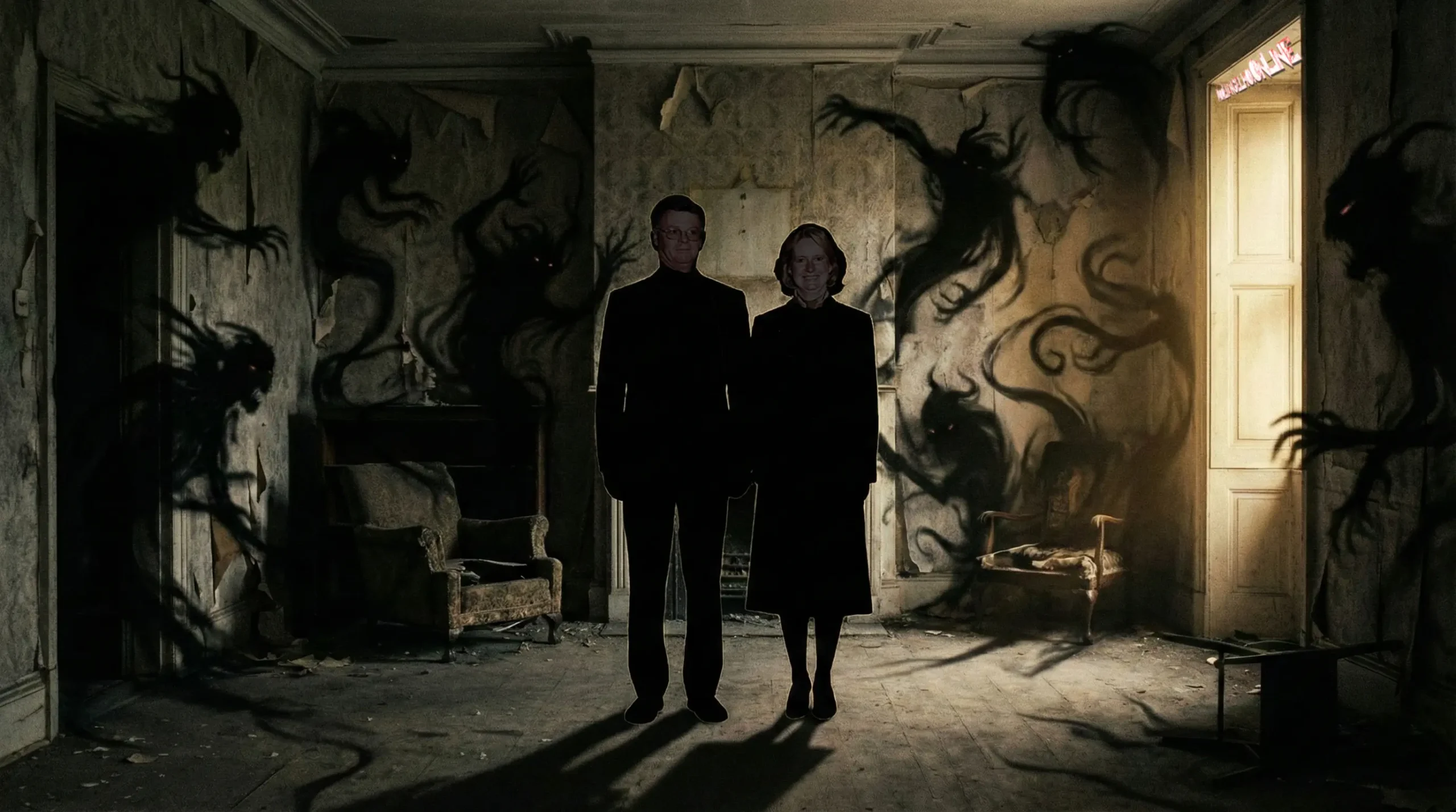 Montagem artística representando Rebecca Brown e Daniel Yoder em pé em um quarto vitoriano escuro e decadente, cercados por sombras demoníacas nas paredes, ilustrando a opressão da Teologia da Maldição.