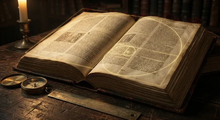 Composición artística que muestra una Biblia abierta junto a instrumentos de medición antiguos, simbolizando la unión entre las Matemáticas en la Biblia, la lógica de los Axiomas y la precisión de la Soberanía de Dios.