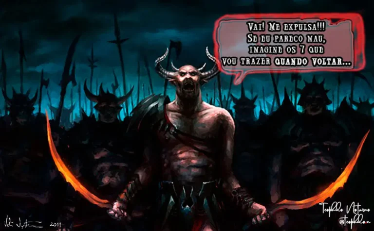 Un líder demoníaco con cuernos y espadas, flanqueado por su legión de demonios, con un globo de diálogo: "¡VE! ¡ÉCHAME FUERA! Si parezco malvado, imagina los 7 que traeré cuando regrese...". Ilustra el concepto del Energúmeno (término usado para describir a una persona demoníaca o diabólica) y el regreso del espíritu inmundo de Mateo 12:43-45.