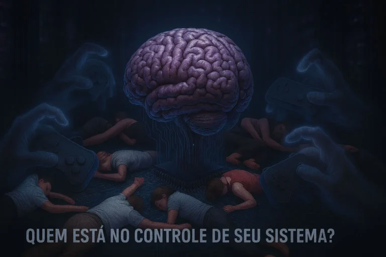 El cerebro humano como un "hardware" conectado, con personas en estados alterados de conciencia y manos etéreas con controles, simbolizando el control remoto espiritual.