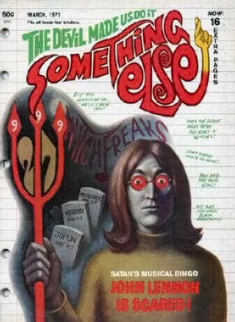 Capa da revista Something Else (1971) com John Lennon caricaturado como o diabo, segurando um tridente. Imagem de apoio para a análise cristã da música Imagine.