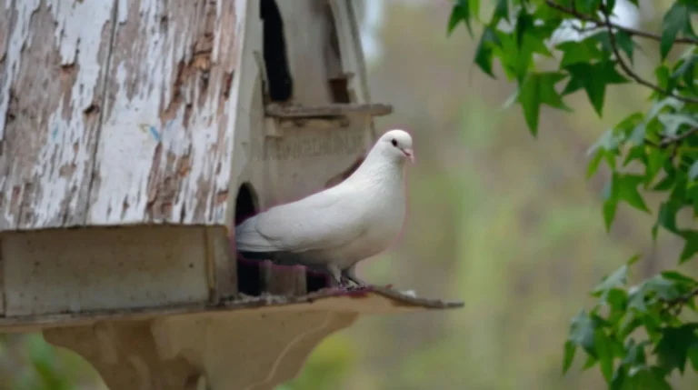 Una paloma blanca (símbolo del Espíritu Santo) posada sobre una casa de madera vieja y desgastada, representando la morada divina dentro del cuerpo humano.