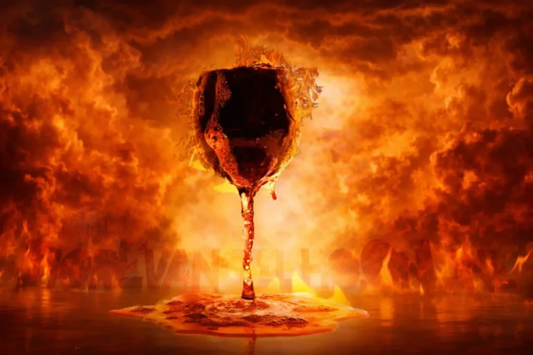 Representación artística de un cáliz de vino en llamas sobre un fondo de nubes de fuego, simbolizando el juicio final de Apocalipsis 14.