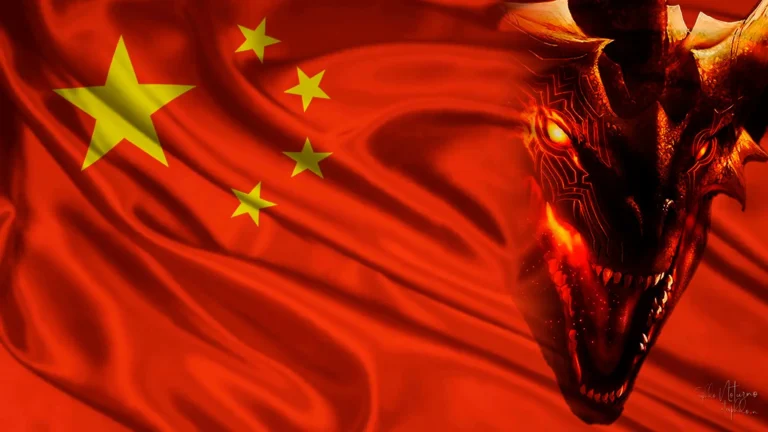 Una cabeza de dragón llameante superpuesta a la bandera de China, que simboliza el poder de Oriente y el cumplimiento profético del Apocalipsis 13.