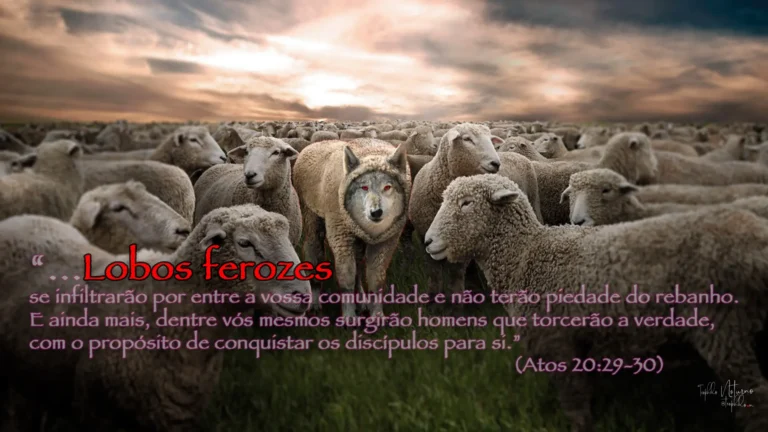 Montagem conceitual de um lobo com olhos vermelhos brilhantes vestindo pele de ovelha no meio de um rebanho, sob céu nublado, com o texto de Atos 20:29-30 sobreposto.