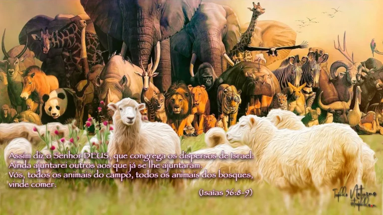 Ilustração com uma multidão de animais selvagens (elefantes, leões, pandas) ao fundo e ovelhas no pasto em primeiro plano, com o texto bíblico de Isaías 56:8-9 sobre a convocação dos animais do campo e do bosque.