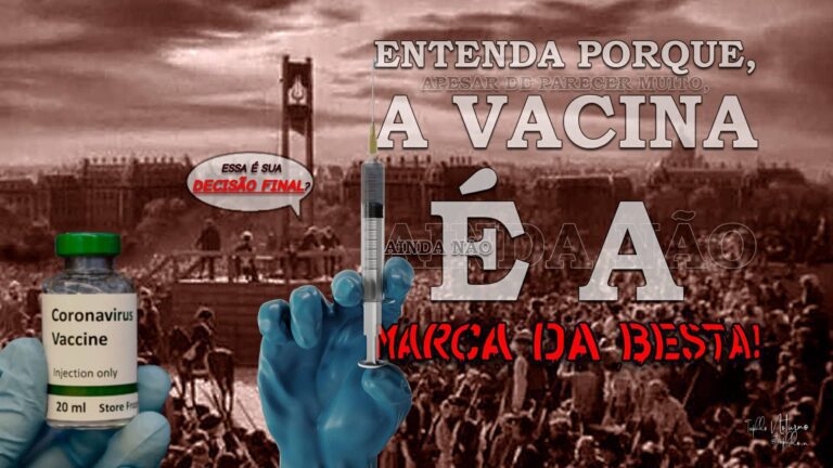 Montaje fotográfico que muestra una mano enguantada con una vacuna frente a una guillotina en una plaza pública: preparación para el engaño final.