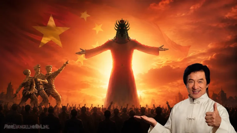 Montagem com a bandeira da China ao fundo, um dragão coroado em pose messiânica e o ator Jackie Chan sorrindo, representando a enganação do Evangelho do Dragão.