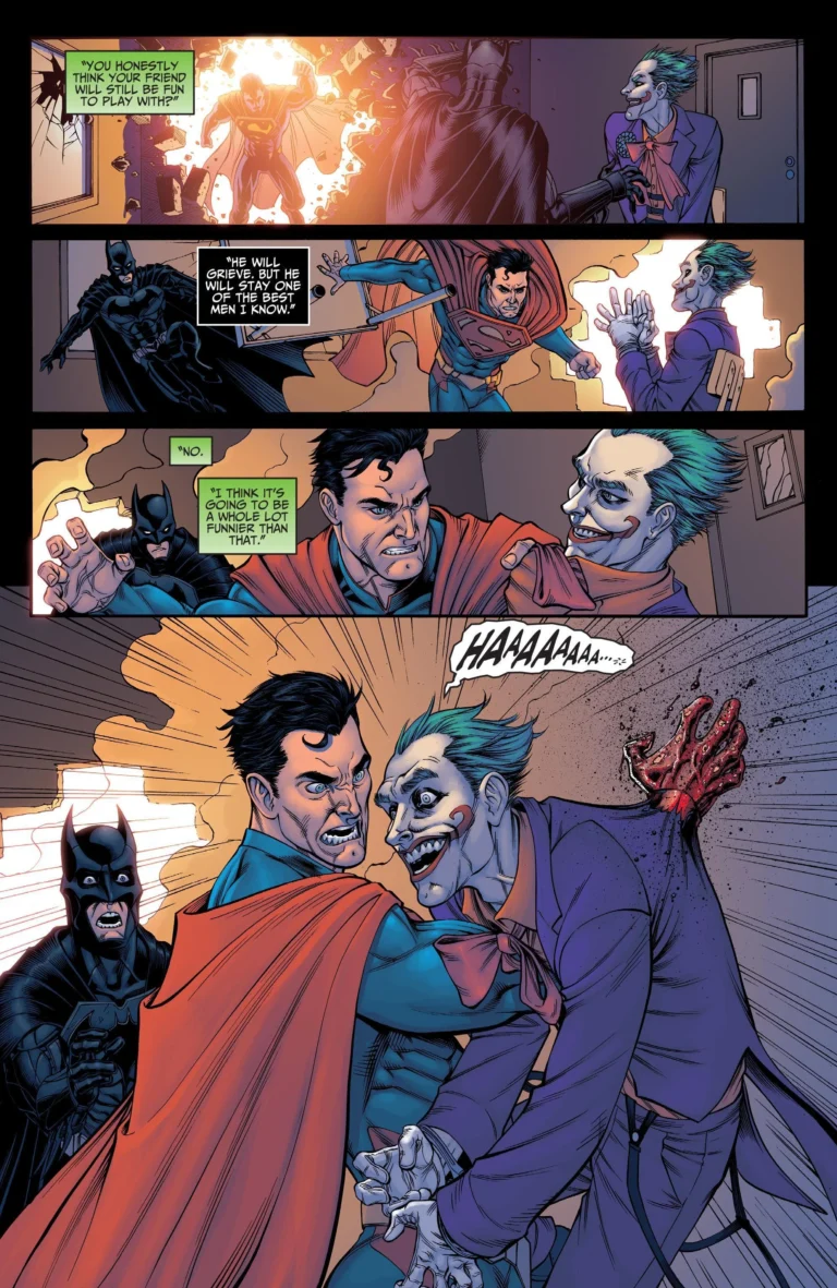 Cena de quadrinhos mostrando o Superman assassinando brutalmente o vilão Coringa, evidenciando a desconstrução e a corrupção moral dos heróis clássicos na cultura pop.
