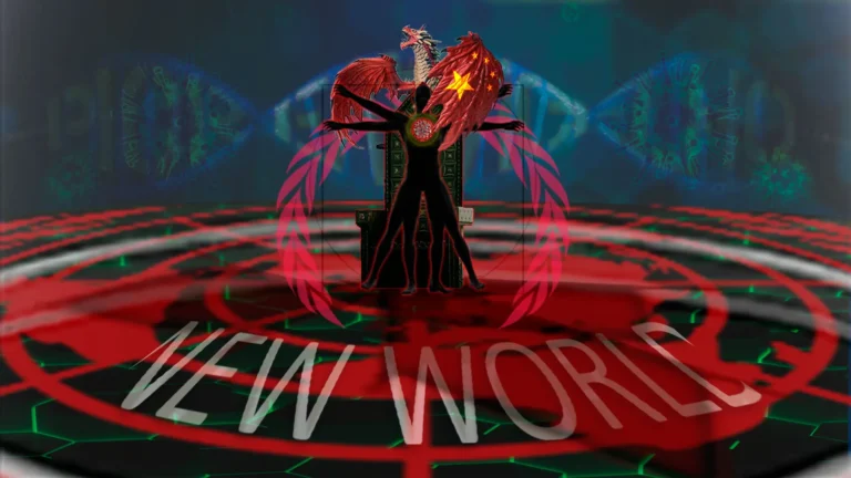 Una representación del Anticristo como un oscuro Hombre de Vitruvio con múltiples extremidades, un virus en el pecho, el Dragón Rojo en la espalda y la inscripción "Nuevo Mundo" en una cuadrícula molecular de carbono.