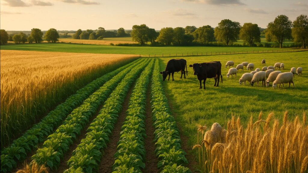 Los diezmos del campo y del rebaño en Levítico 27:30-33, simbolizados en los campos de trigo y la tierra cultivada con ganado y ovejas pastando bajo la luz dorada.