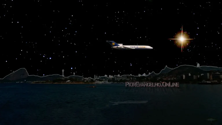 Luz intensa no céu noturno sobre a Baía de Guanabara, com avião da Varig em aproximação, simulando fenômeno aéreo não identificado observado por controlador no Galeão.