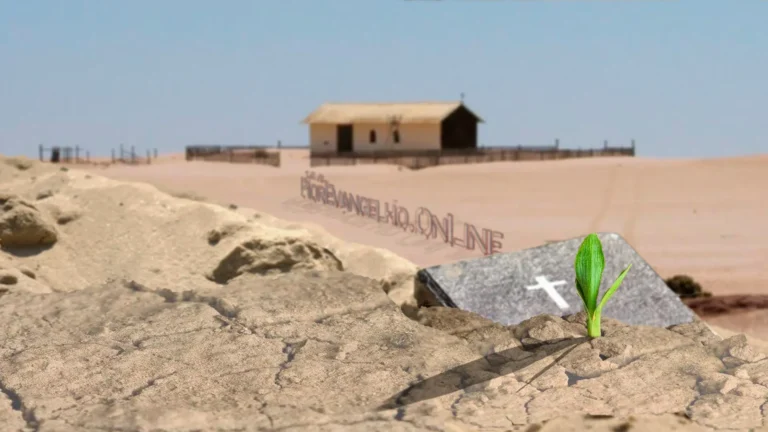 Solo desértico rachado onde uma Bíblia aparece parcialmente enterrada e abandonada na areia. Um pequeno broto verde e vívido cresce ao lado do Livro. Ao fundo, uma igreja de madeira com aparência abandonada sob um céu limpo. Simboliza a esperança inesperada que surge mesmo quando o Corpo de Cristo parece esquecido pelas instituições.