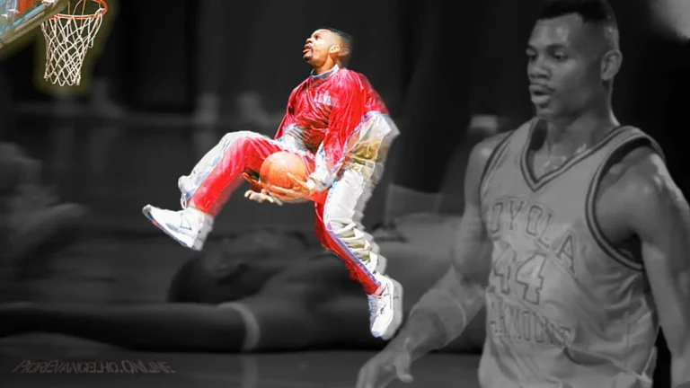 Un montaje colorido de Hank Gathers realizando una jugada de alley-oop superpuesta a una imagen en blanco y negro de él acostado en la cancha.
