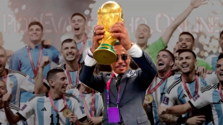 El chef Salt Bae sostiene el trofeo original de la Copa Mundial de la FIFA rodeado de jugadores argentinos, ilustrando la violación del protocolo y el acceso no autorizado al trofeo.