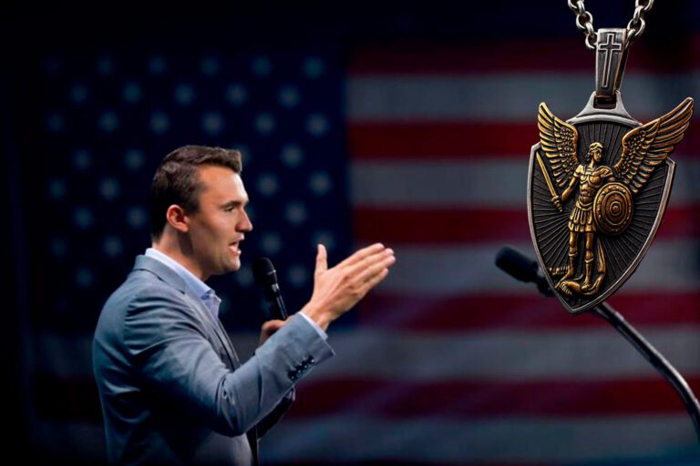 Charlie Kirk stands before the American flag with a pendant of Saint Michael the Archangel prominently displayed.