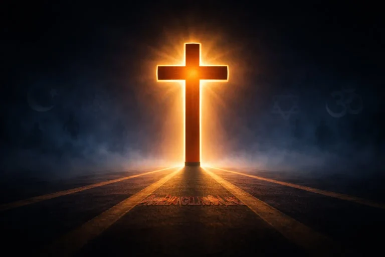 A brightly lit wooden cross stands centrally on a dark road, with symbols of various world religions (such as Islam and Hinduism) faded and in the background.