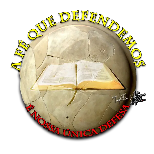 An open Bible placed on an ancient, translucent stone shield bearing the text "The faith we defend is our only defense"—the motto of The Worst Gospel.